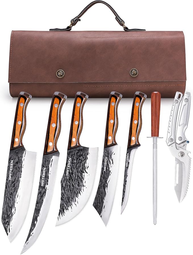 Naitesen 7PCS Butcher Knife and Kitchen Knife with Roll Bag | Hand Forged Heavy Duty Meat Cleaver Serbian Chef Knife Breaking Knife Boning Knife for Meat Cutting BBQ Gifts for Men Women