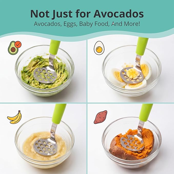 Mini Avocado Masher, Small Potato Masher, Heavy Duty, Kitchen Utensil. Stainless Steel, Tiny Masher, Compact Mini Masher for Avocado - Effortless Guacamole Preparation, Dishwasher Safe.… (Green)