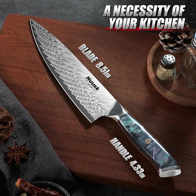 Huusk Japanese Chef Knife, 8" Stainless Kitchen Knife with Ergonomic Resin Handle & Sheath, Sharp Kitchen Knives Full Tang, Japanese High Carbon Steel Cooking Knifes, Fathers' Day Gift Idea for Dad