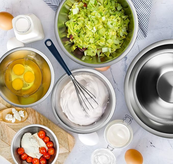 14 Piece Mixing Bowls With Measuring Cups And Spoons Set - Premium Stainless Steel Mixing Bowls Set - Nesting & Stable Metal Mixing Bowls Great For Kitchen, Baking, Cooking, Or Prep