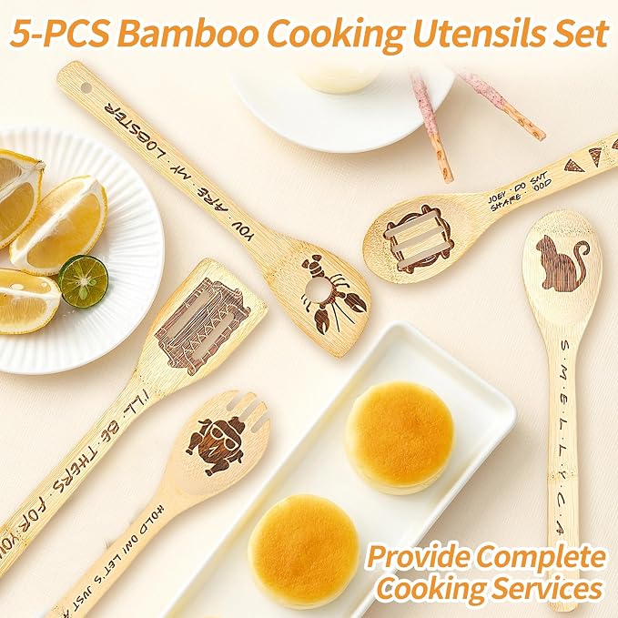 Friends TV Show Merchandise - 5 Pcs Wooden Spoon Spatula for Cooking Utensils Set,Friendsgiving Party Decorations,Friendsgiving Gift Ideas,Friends TV Show Christmas Gifts for Friends ﻿