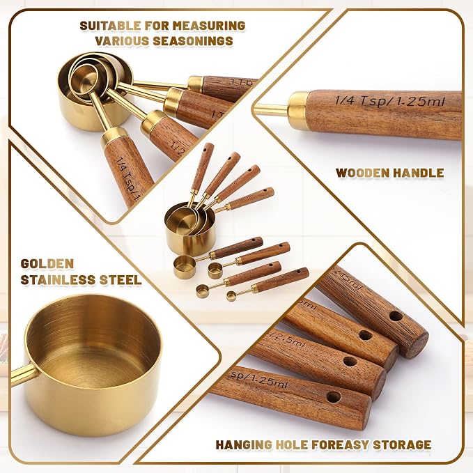 Premium Stainless Steel Measuring Cups and Spoons Set with Wood Handle | 8-Pieces Kitchen Essentials for Baking, Cooking, Coffee with Ergonomic Grip & Engraved Markings (Gold8)