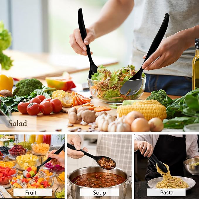 Mwellewm 36Pcs Plastic Serving Utensils Set Large Disposable Serving Spoons Forks Tongs for Serving Food Heavy Duty Black Large Party Utensils Supplies for Buffet Restaurant Dinner Salad Soup