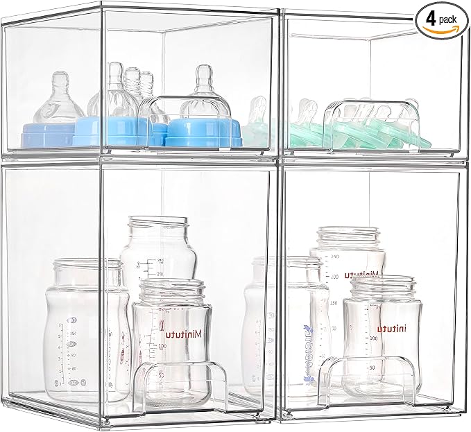 Vtopmart Clear Stackable Storage Drawers Set of 4, Baby Bottle Organizer | Multi-purpose Plastic Boxes Ideal for Kichen Countertop, Vanity, Bathroom, Cabinet, Pantry Organization