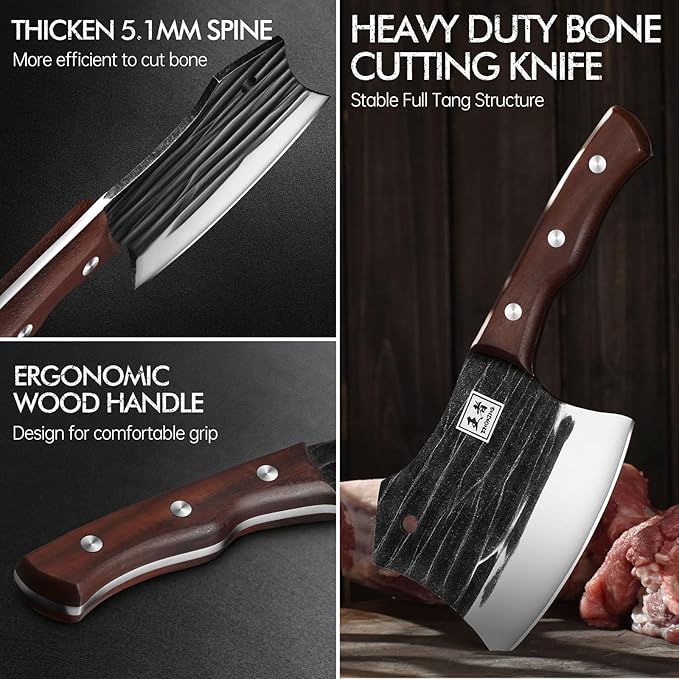 ENOKING 5.7" Bone Cleaver Knife, Heavy-Duty Butcher Knife with Full Tang Hand-Forged Blade, Meat & Bone Chopper with Leather Sheath for Kitchen
