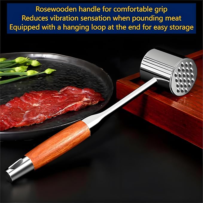 Meat Pounder,kitchen mallet 304SS,Meat Mallet Meat Hammer Meat Beater for Tenderizing and Flattening Meat,Meat Pounder Tenderizer for Pounding Meats, Hanging Loop,(Rosewood)