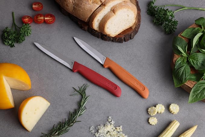 Zyliss Classic 2 Piece Paring Knife Set with Straight & Serrated Blades, Stainless Steel 15° Hollow-Ground Edge, Ergonomic Wheat Straw Handles, Blade Covers Included