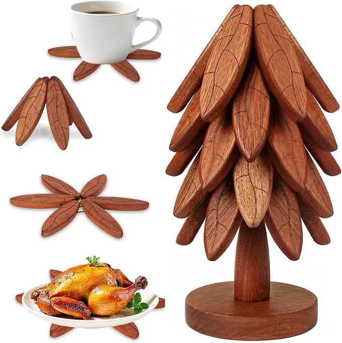Wooden Trivet Set with Stand, 5 Pcs Tree Leaf Pattern Hot Pot Holders for Kitchen, Heat Resistant Sapele Wood Coasters for Hot Dishes, Pans, Teapots - Decorative Countertop Storage (Texture- 5 Pcs)