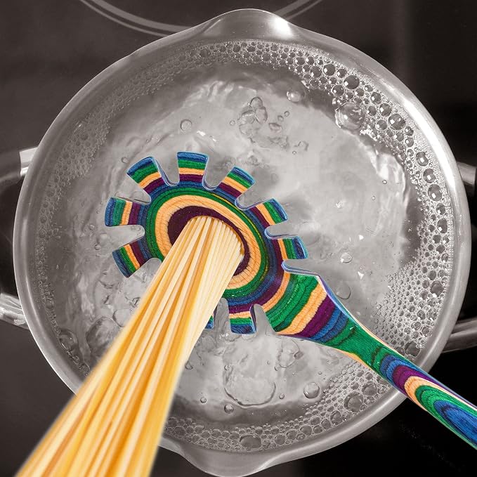 Baltique Mumbai Collection Wooden Spaghetti Spoon – 12.5" Pasta Server with Teeth, Colorful Birch Wood Utensil for Portioning, Stirring & Serving Noodles