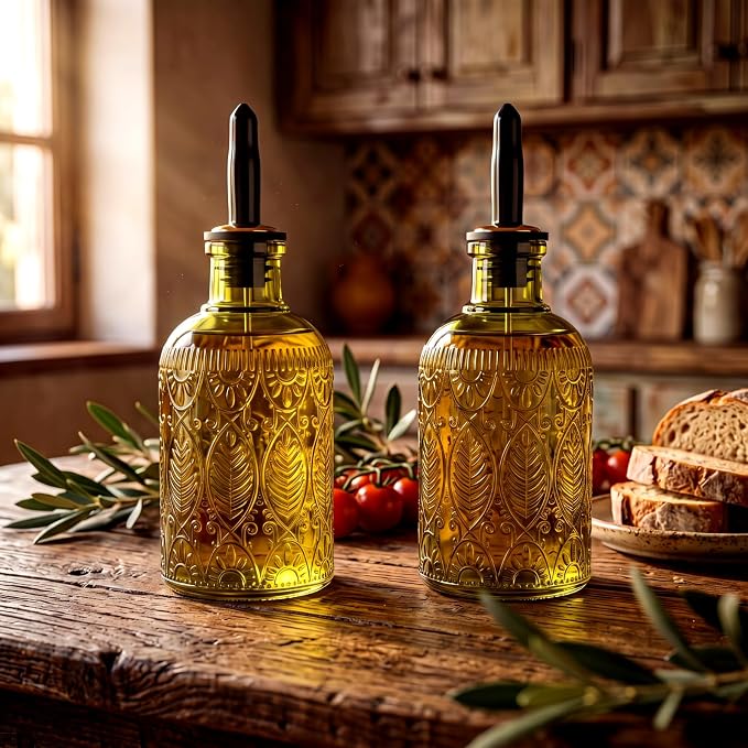 FoldTier 2 Glass Oil Bottles 8.5oz Olive Oil Dispenser Bottle with Metal Spout and Lid Elegant Glass Cooking Dispenser for Kitchen Maple Honey Syrup Vinegar and Sauces (Dark Green)
