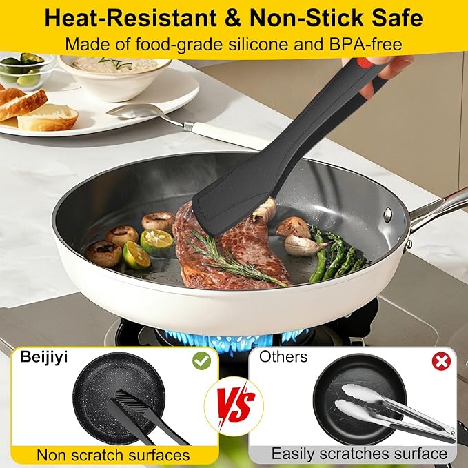 Beijiyi Kitchen Tongs for Cooking, 9" & 12" Set, Silicone Cooking Tongs with Silicone Tip for Nonstick Cookware, 600°F Heat Resistant, Stainless Steel Core, Great for Grilling and Serving Food (Black)