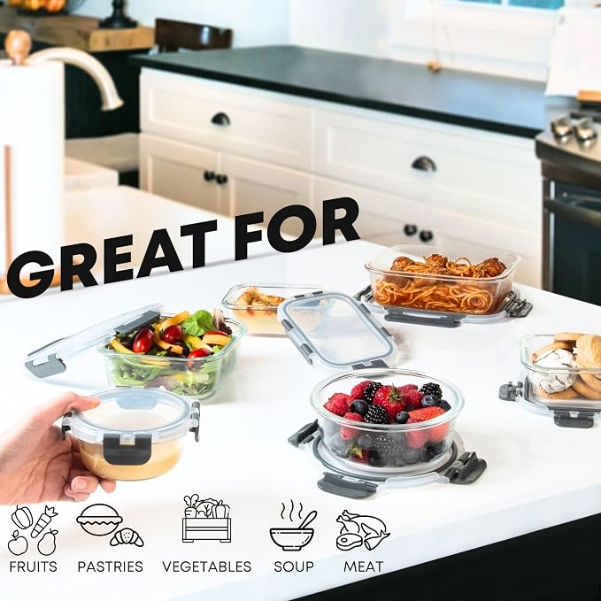 Razab 30 PC Glass Food Storage Containers with Lids - Reusable Glass Meal Prep Containers for Lunch and Leftovers - Airtight & Leakproof Snap Locking Lids - Oven, Freezer, Microwave & Dishwasher Safe