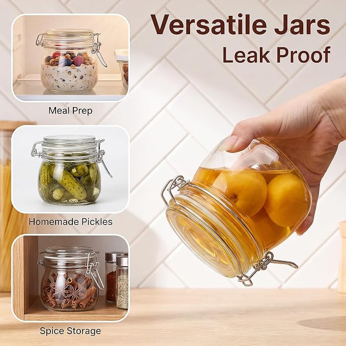 6 Pack 17oz Glass Jars with Airtight Lids, Wide Mouth Glass Storage Jars | Mason jar, Small Airtight Food Storage Containers for Kitchen Pantry Organization, Jams, Nuts, Snacks, Spices, Coffee&Pickles