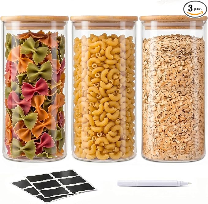 SENTVEND 51 Oz Glass Jars - 3 Pack Food Storage Containers with Lids Square | Food-grade durable clear canister, Bamboo seal cover, Stackable, BPA-Free, Ideal for sorting oats, Coffee beans, Rice & More