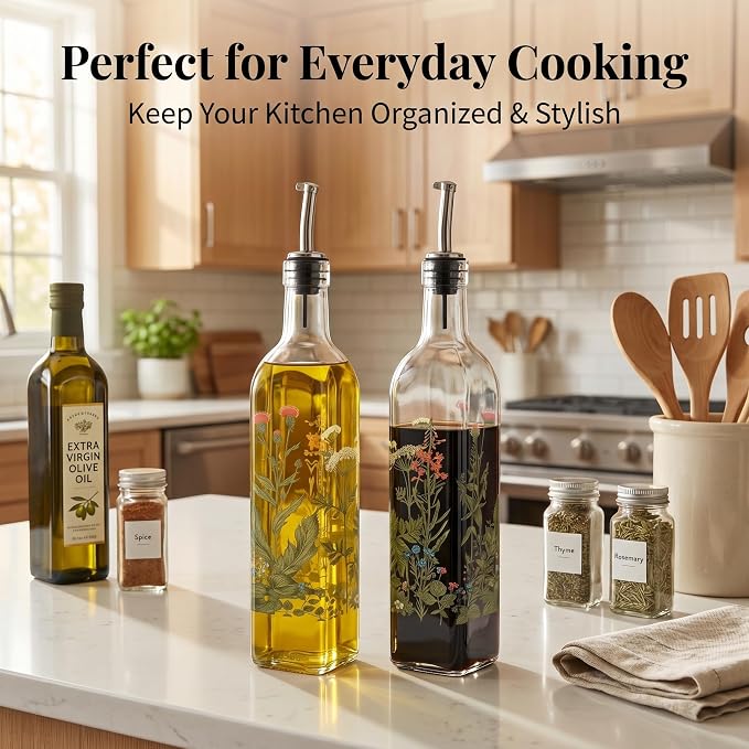 Topadorn Decorative Olive Oil Dispenser Set, 2 Pack 17oz Glass Oil & Vinegar Bottles with Pour Spouts, Kitchen Countertop Cruets for Cooking & Serving