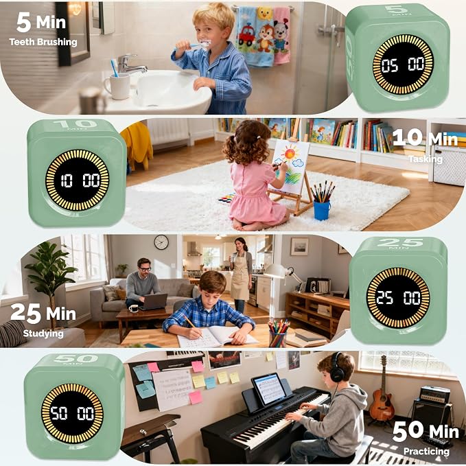 KADAMS Pomodoro Timer – Visual Timer Cube, LED Countdown Ring & Count Up Mode, Silent Flip Productivity Timer for Study, Classroom, Office, Cooking (Green 5-10-25-50 min)
