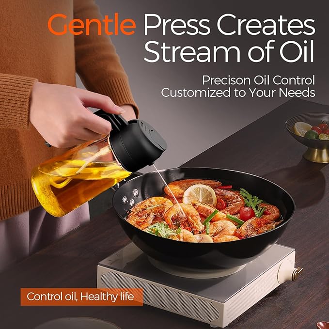 YARRAMATE 16 oz 2-in-1 Glass Olive Oil Sprayer for Cooking, Black&Black | Food-grade dispenser bottle, 470 ml, spray and pour, portion control, stickers included, for salad, frying and BBQ