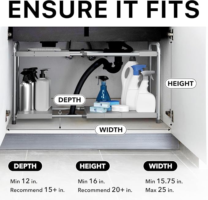 Simple Houseware Under Sink 2-Tier Heavy Duty Expandable Organizer, Silver | Adjustable Width 15.75–25 Inches with 4 Shelf Height Levels