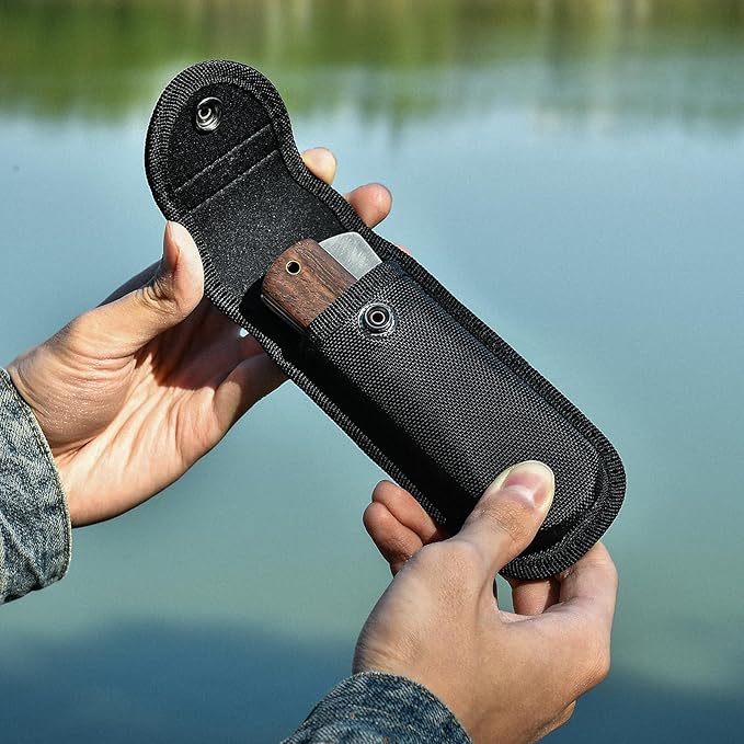 ZhengSheng Folding Chef Knife with Nylon Pouch 4.8" Sharp 440A Stainless Steel Blade Wooden Handle Pocket Foldable Japanese Style Kitchen Knife for Outdoor Camping Cooking