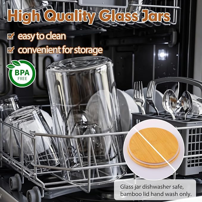 2pcs Glass Food Storage Containers with Bamboo Lids, 3.6qt Glass Jars | Extra Large Airtight Pantry Storage Jars for Flour, Sugar, Bulk Dry Goods