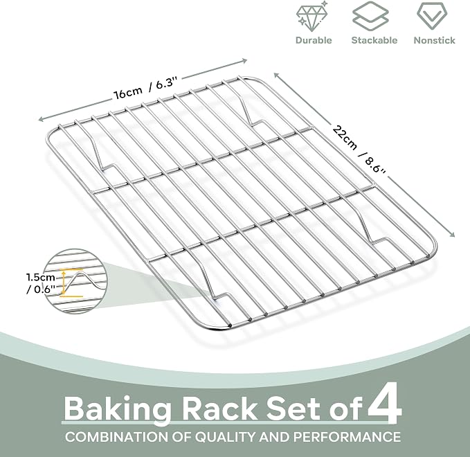 Herogo 4 Pack Small Cooling Racks, 8.6” x 6.3” Cookie Cooling Baking Racks | Stainless Steel, Dishwasher Safe, Fit Toaster Oven Pan, Mini Cookie Cooling Rack for Roasting Grilling