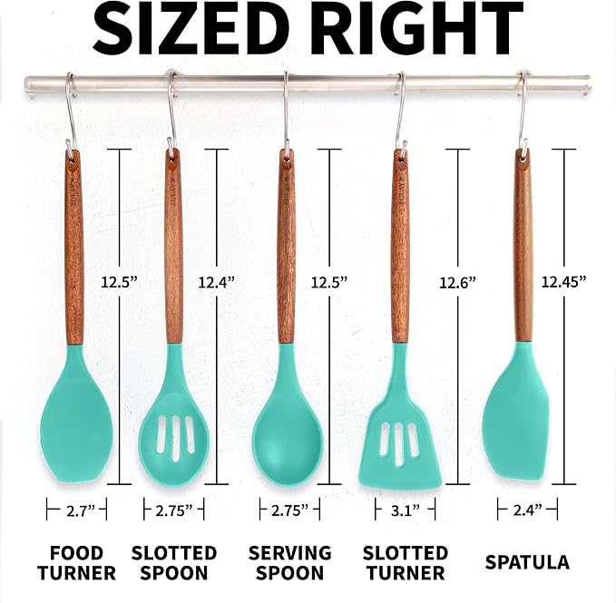 Zulay Kitchen Non-Stick Cooking Utensils Set with Authentic Acacia Wood Handles – 5-Piece Durable & Stylish Silicone Kitchen Utensils Set – Heat Resistant to 464°F – Mint