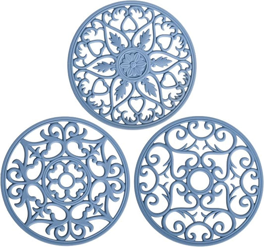 Smitchraft Silicone Trivets for Hot Dishes, Pots & Pans, Non-Stick Hot Pads Kitchen Quartz Countertops, Silicone Pot Holders Mats, Multi-use Carved Heat Resistant Mats for Counter & Table, Set 3 Blue