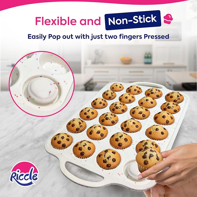 2 Pack Silicone Muffin Pans for Baking with Metal Reinforced Frame - Regular 12 Cup Silicone Muffin Pan & 24 Cup Mini Cupcake Pans - Silicone Cupcake Pan Set - Oven & Dishwasher Safe, BPA-Free