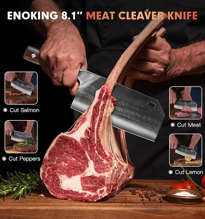 ENOKING 8.1″ Hand Forged Serbian Cleaver & Chef’s Knife – High Carbon Stainless Steel Butcher Knife with Full Tang for Kitchen & Outdoor