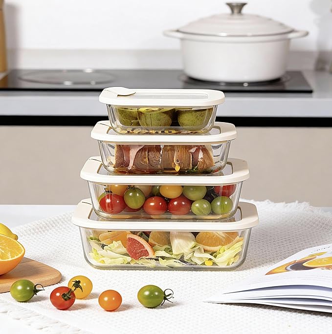 Glass Food Storage Containers with Glass Lids, Microwave Safe Food Container Set, Aitight Meal Prep Container Set, LeakProof, 100% Plastic Free, 4 Pack