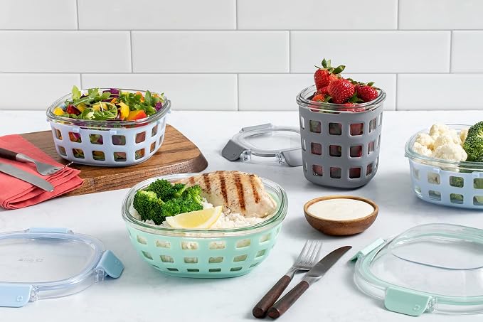 Ello DuraGlass Food Storage Glass Lunch Bowl Container - Meal Prep Container with Silicone Sleeve and Airtight Lid, 5 Cup, Teal | Leakproof glass meal prep salad bowl. BPA-free lid, silicone sleeves, great for meal prepping, food storage, and leftovers.