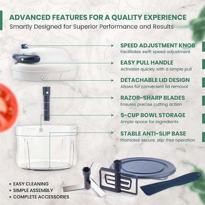 Vivaant Manual Food Processor - 5 Cup (1.2L) Capacity Hand Pull String Garlic Chopper, Manual Food Chopper with Pull Functionality, Pull Chopper and Vegetable Cutter for Effortless Cooking