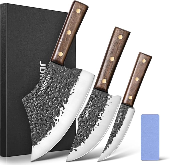 3-Piece Hand Forged Butcher Knife Set with High Carbon Steel | Includes Meat Cleaver and Boning Knife with Full Tang Design for BBQ and Meat Preparation