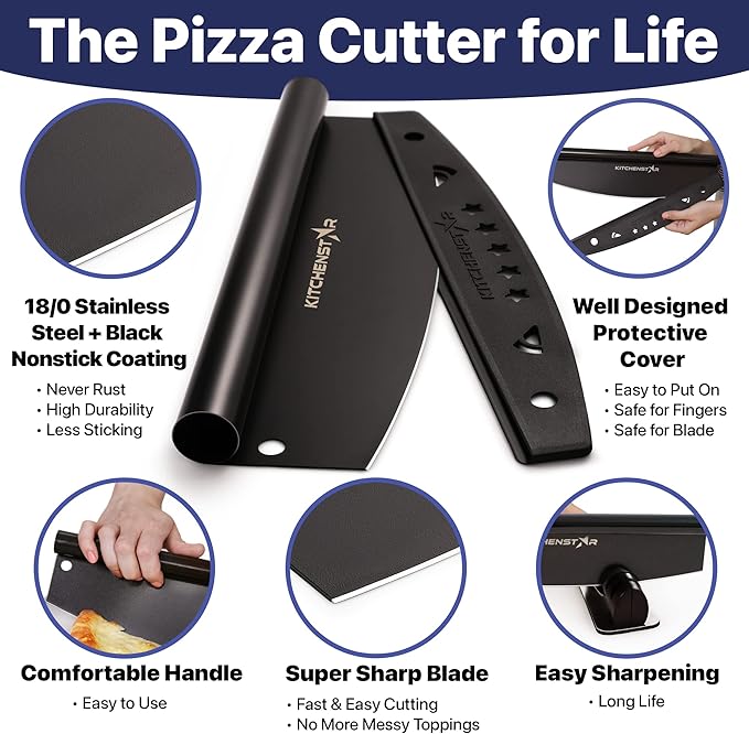12-Inch Pizza Cutter Rocker Blade, 304 Stainless Steel Slicer Knife, Black | Protective cover included, one-piece design, food-grade stainless steel, suitable for small pizzas