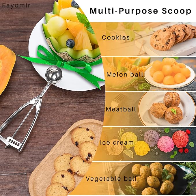 Fayomir Cookie Scoop Set - Small/1 Tbsp, Medium/2 Tbsp, Large/3 Tbsp - Cookie Dough Scoop, Cookie Scoops for Baking Set of 3, Heavy-Duty 18/8 Stainless Steel Melon Baller Scoop Ice Cream Scoop