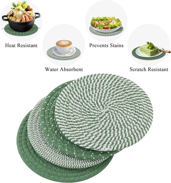 SHACOS 8 Inches Trivets for Hot Dishes, 4 Pieces Cotton Trivets Mats for Kitchen, Hot Pads for Countertops and Table, Heat-Resistant Pot Holders for Hot Pots and Pans(Green, 4pcs)