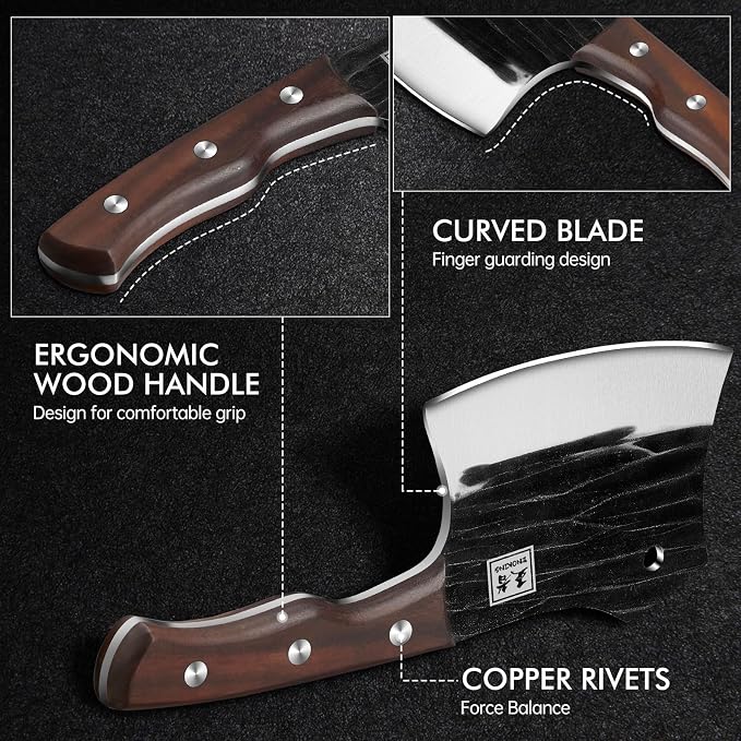 ENOKING 5.7" Bone Cleaver Knife, Heavy-Duty Butcher Knife with Full Tang Hand-Forged Blade, Meat & Bone Chopper with Leather Sheath for Kitchen
