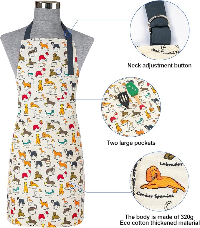 Alselo Oven Mitts and Pot Holders with Chef Apron,Set of 5 Heat Resistant Kitchen Gloves and Silicone Non-Slip Potholders Adjustable Neck Buckle Chef Apron, Cotton Nice Design for Cooking (Dog)