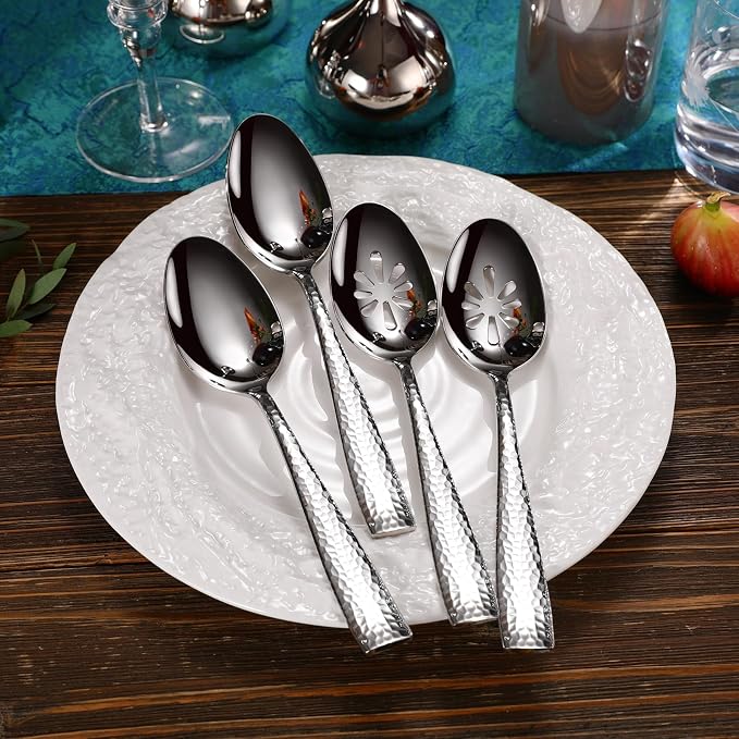 KEAWELL Premium Louis Hammered Serving Utensils, 18/10 Stainless Steel, Squared Edge Design, Mirror Finish, Dishwasher Safe (Serving Spoons, Set of 4)