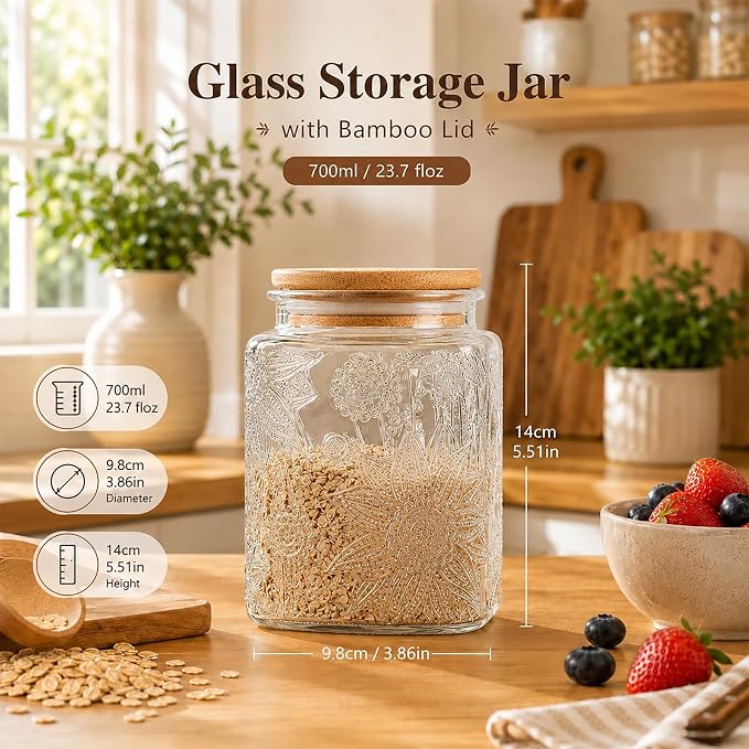 Glass Storage Jars With Airtight Lid, 23.7oz Canister For Kitchen Counter with Bamboo Lid, brown sugar, candy, coffee, cookie, salt, tea,pantry cute Jar (Square Sunflower)