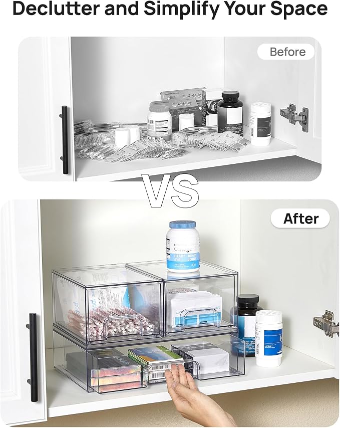 Vtopmart Clear Stackable Storage Drawers Set of 5, Plastic Organizer Bins | Multi-purpose Boxes for Makeup, Beauty Supplies, Ideal for Vanity, Bathroom Countertop, Undersink, Cabinet Organization