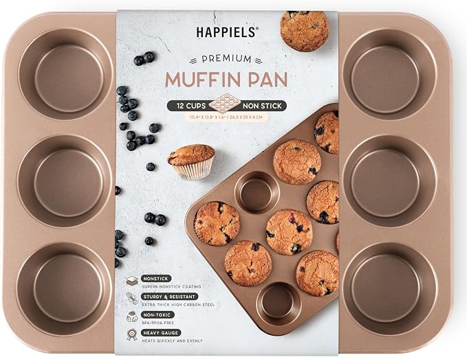 12 Cup Muffin Pan Nonstick, PFOA & BPA Free | | Non-Toxic - High Carbon Steel - Gold - Cupcake Tin for Oven Baking