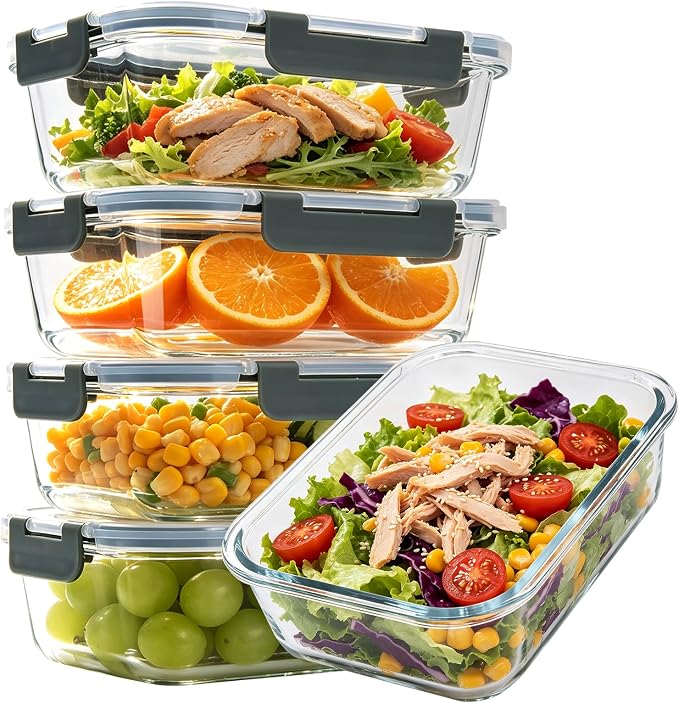 5 Pack 36oz Glass Storage Containers with Lids, Grey | Glass Meal Prep Food Container Sets, Snap Airtight Lid, For Microwave, Oven, Freezer and Dishwasher, BPA Free