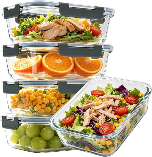 5 Pack 36oz Glass Storage Containers with Lids, Grey | Glass Meal Prep Food Container Sets, Snap Airtight Lid, For Microwave, Oven, Freezer and Dishwasher, BPA Free