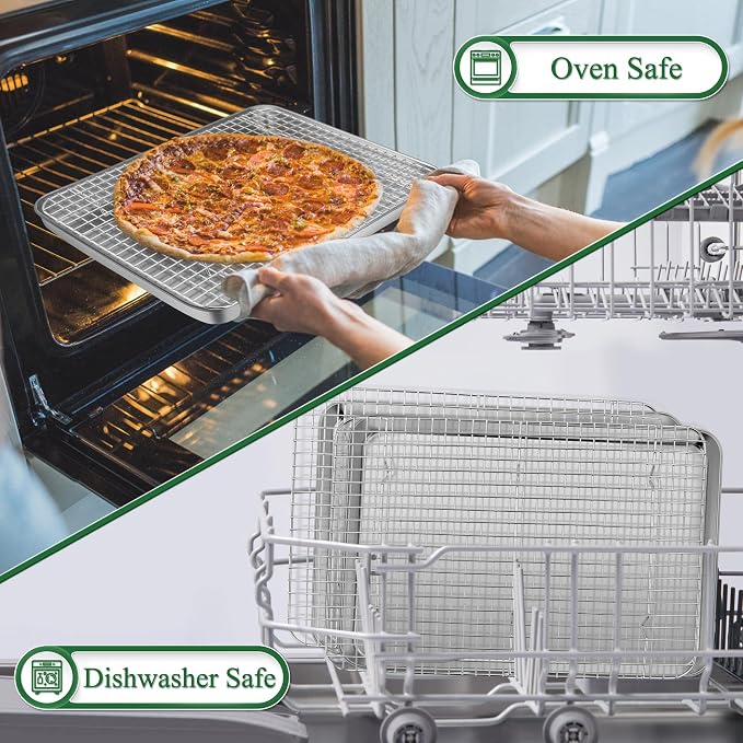 P&P CHEF 16 Inch Baking Sheet Pan and Cooking Rack - 4 Pieces | 2x Cookie Sheet + 2x Grid Rack, Stainless Steel Oven Tray with Wire Rack for Oven Baking, Healthy & Sturdy & Easy to Clean