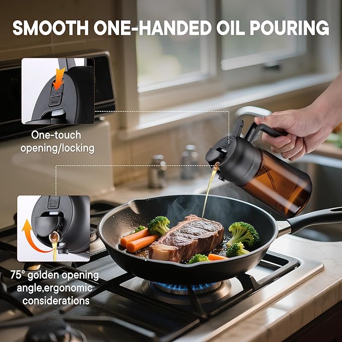Oliver Oil Sprayer Dispenser for Cooking Bottle 16oz Dark Glass Black | 2-in-1 Lightproof Borosilicate Glass Oil Bottle, Wide Mouth for Easy Refill Clean