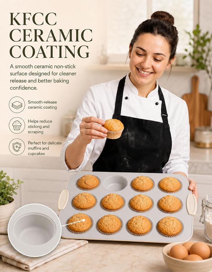 Nonstick Ceramic 12-Cup Muffin Pan, 15 x 10 Inch | Non-Toxic Coating; Rust & Dent Resistant Steel; KFCC Coating; Oven Safe to 550°F