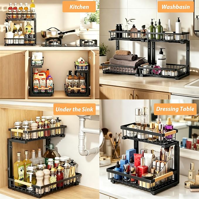 2 Pack Under Sink Organizer, 2-Tier Pull Out Kitchen Cabinet Organizer, Height Adjustable Metal Slide Out Bathroom Organizers and Storage Makeup Drawer Organizer for Office Bedroom (B-Black, 2Pack)