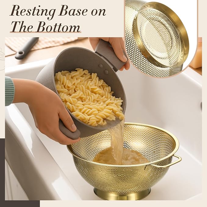 Sawysine 5 Pcs Gold Kitchen Appliances Includes 5 Quart Gold Colander and 2 Pcs Strainer Set, Lemon Squeezer, Stainless Steel 4 Sides Grater Slicer with Handle for Kitchen