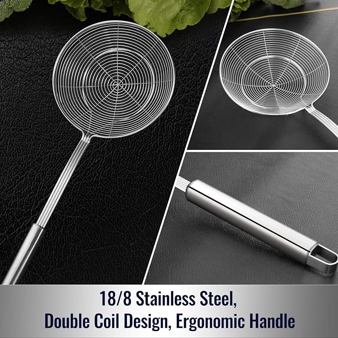 Hiware Solid Stainless Steel Spider Strainer Skimmer Ladle for Cooking and Frying, Kitchen Utensils Wire Strainer Pasta Spoon, 5.4 Inch